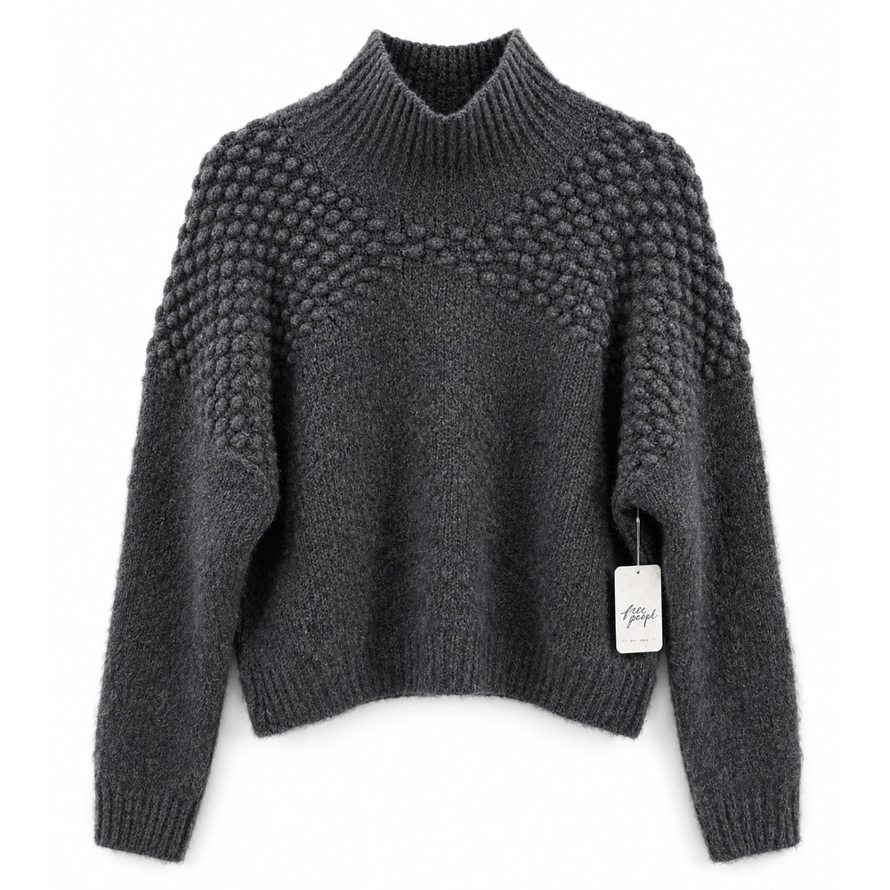 Free People NWT Charcoal Textured Mock Neck Cropped Sweater M $128